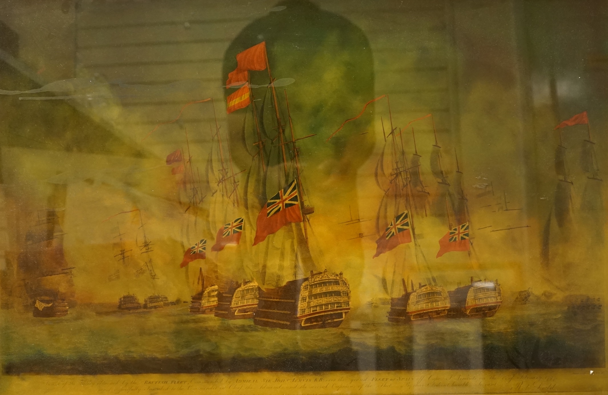 Robert Dodd (1748-1815), ‘The British Fleet, Action off the Cape St. Vincent’, reverse glass painted print, 58 x 88cm